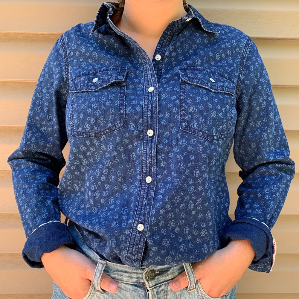 Lands End Floral Denim Button Up Shirt